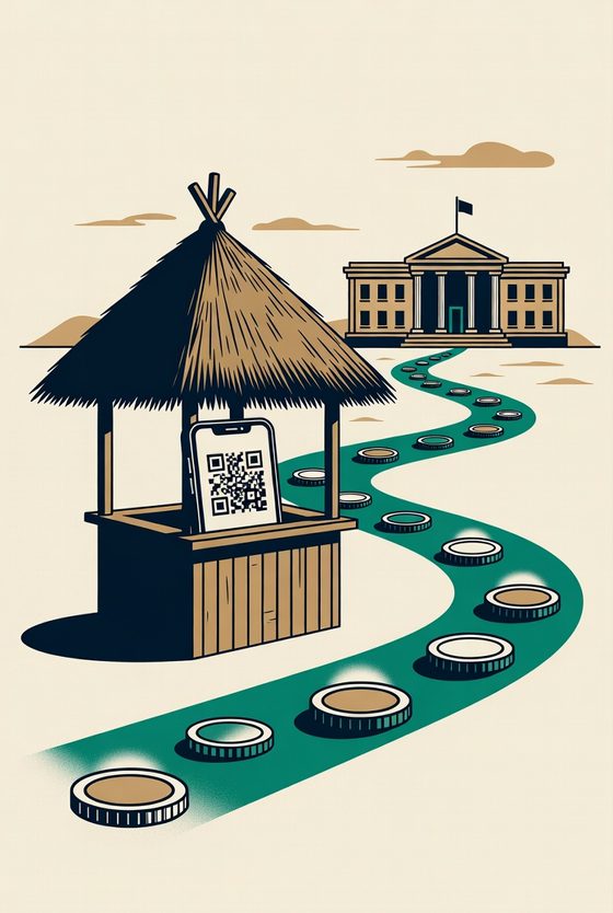 印尼小摊位用扫码收款，资金流向银行的插画。