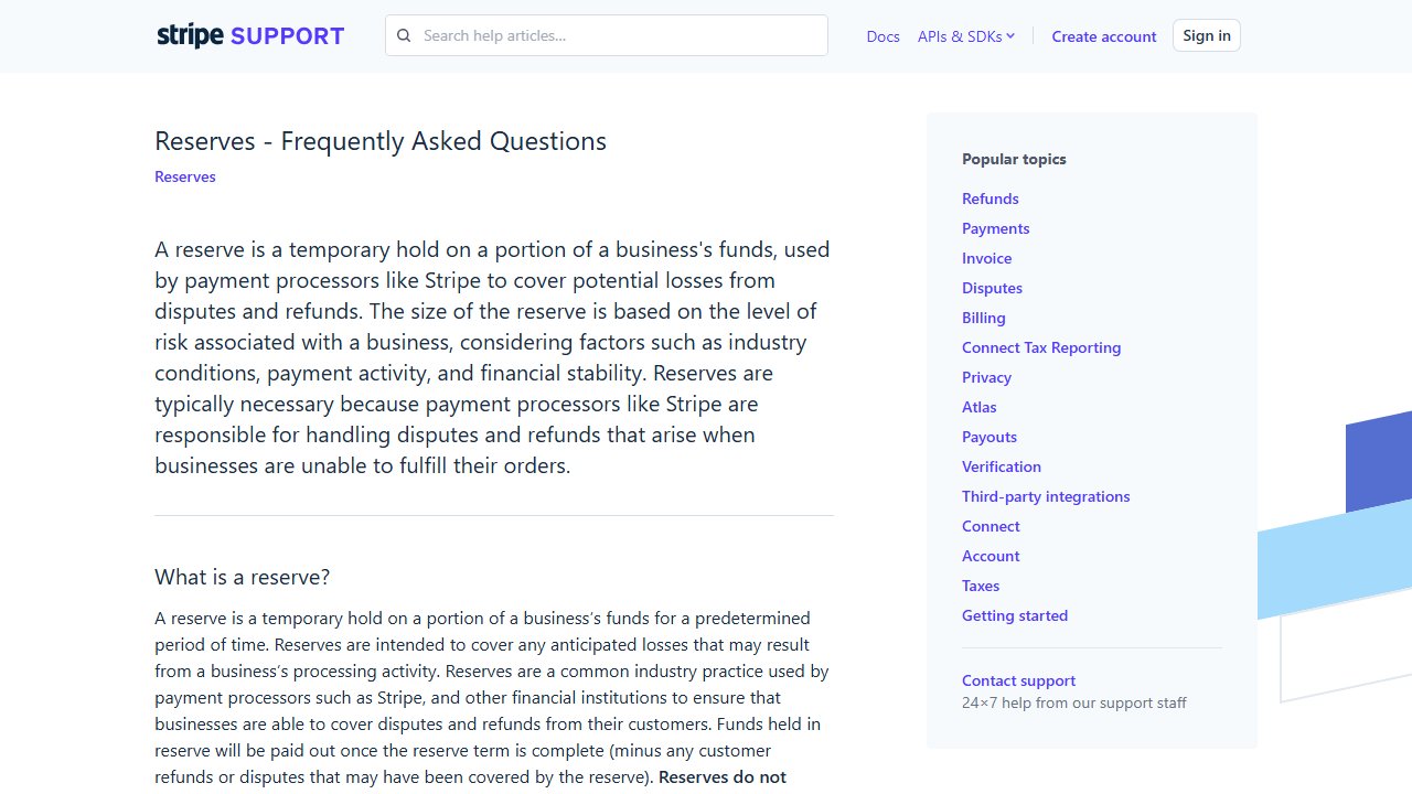 support.stripe.com official page screenshot: Reserves - Frequently Asked Questions : Stripe: Help & Support